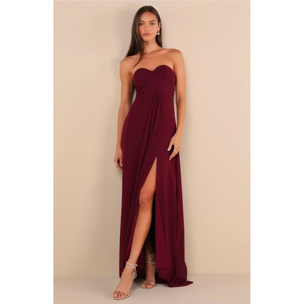 Lulus Burgundy Strapless Pleated Sweetheart Maxi Dress with Slit 2X Formal Wine
